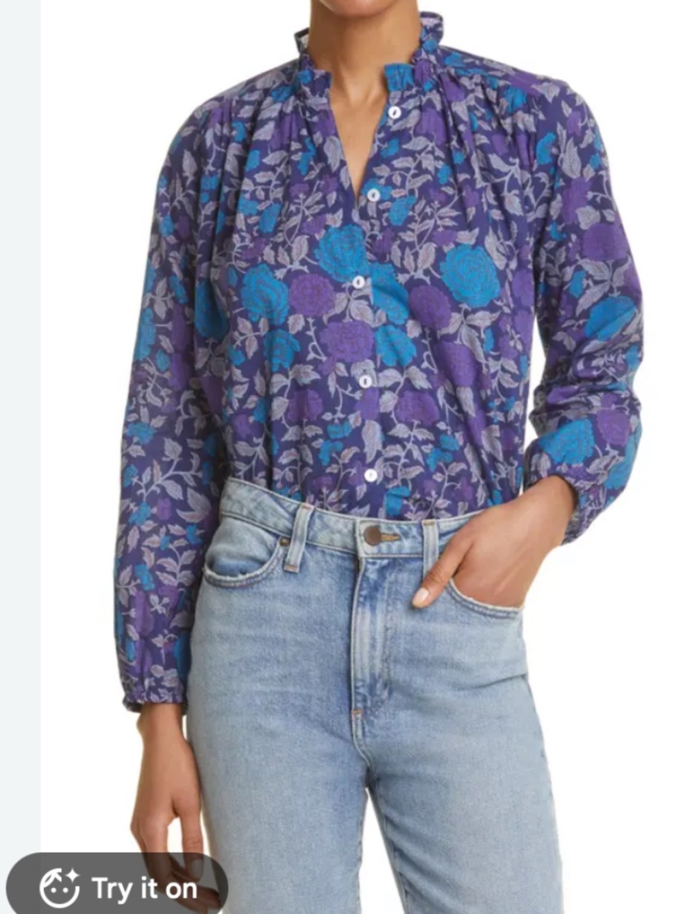 Mille  Francesa Top Mightnight Purple & Blue Floral Button-Down Blouse Size XS
